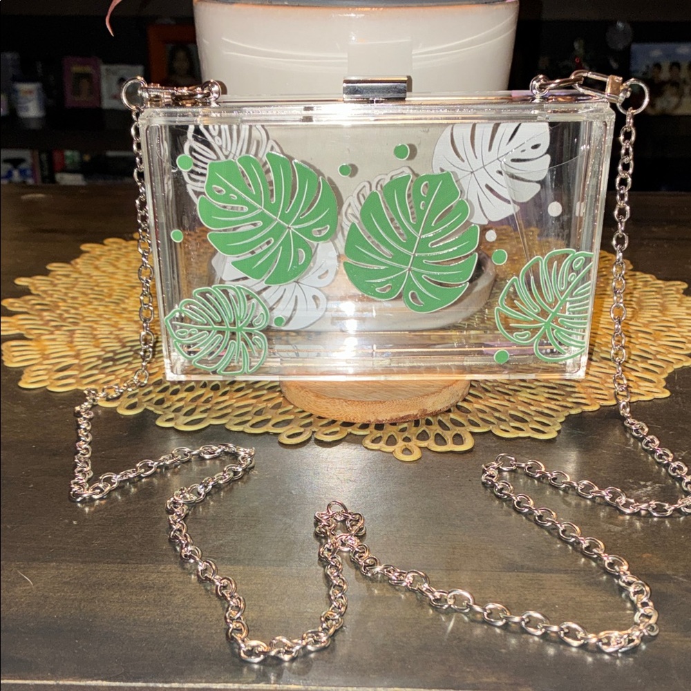 Clear Acrylic Hawaiian Made Style Clutch with Monstera Leaf Design - Picture 1 of 1